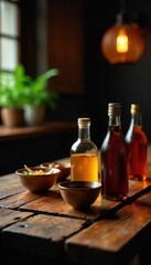 Warm lighting, sake bottles & cups on rustic table, copy space , photography, wood