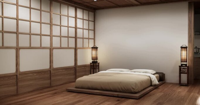 Traditional Japanese room, Minimalist Japanese bedroom with futon and tatami mat.3D rendering