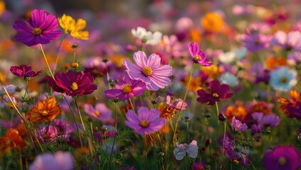 Obraz premium Vibrant cosmos flowers in a field (1)
