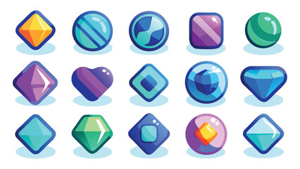 Collection of fifteen colorful glass-like geometric and heart-shaped icons with subtle shadows