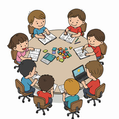 Group of happy children learning and collaborating around a table with books, a laptop, and colorful blocks, promoting education and teamwork.