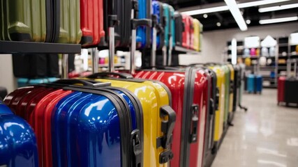 collection of variously hued travel trunks and suitcases arranged in sequential display for commercial purposes within retail establishment specializing in luggage