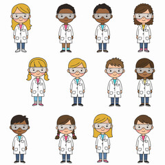 Diverse group of cartoon children dressed as scientists, ready for STEM learning, discovery, and future careers in science.