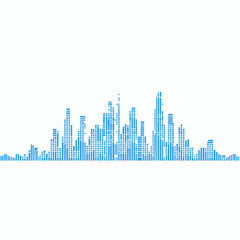 Blue digital equalizer bars forming a city skyline silhouette on a white background audio sound