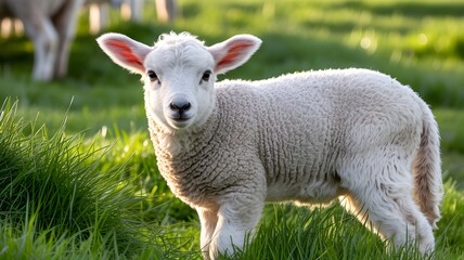 Fototapeta premium Young Lamb Standing in Green Pasture