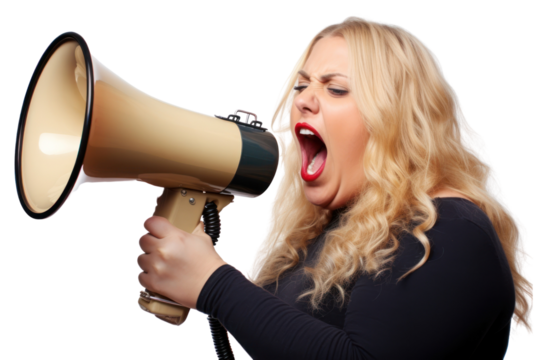PNG A chubby overweight young woman holding a megaphone screaming announcement shouting adult