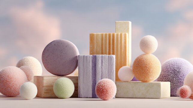 Pastel geometric solids arranged artfully against a cloudy, dreamlike background
