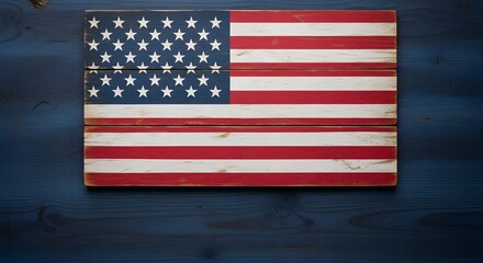 Rustic wooden american flag displayed on a dark blue wooden background, representing patriotism and national pride