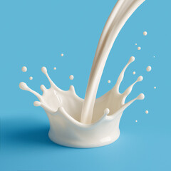 3D illustration of milk splash pouring into a crown shape on blue background, symbolizing freshness, purity, and nutrition. Perfect for dairy product, beverage, and cosmetic advertising.