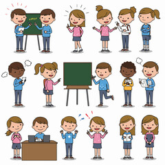 Happy and diverse cartoon children engaged in various educational activities, showcasing learning, ideas, and student life in a school environment.