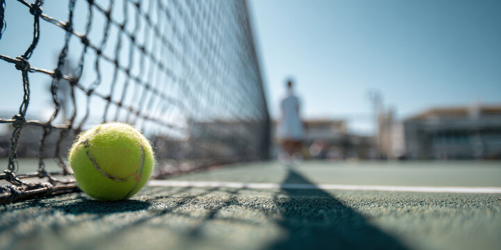 Tennis ball lying on court next to net with player in background.