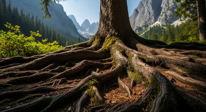 Majestic tree roots in mountainous forest scenery with sunlit peaks
