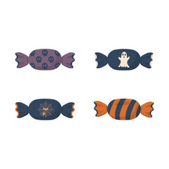 Bundle of isolated illustrations of oval shaped Halloween candy cartoons with skulls, white ghost, spider webs and line patterns for templates, Halloween themed decorations.