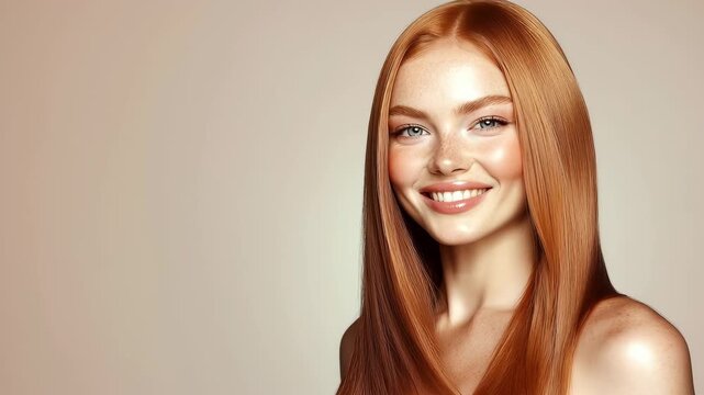 Beauty video of beautiful woman model with long red ginger silky hair turning and looking to camera on beige studio background.Slow motion video.AI Generative.
