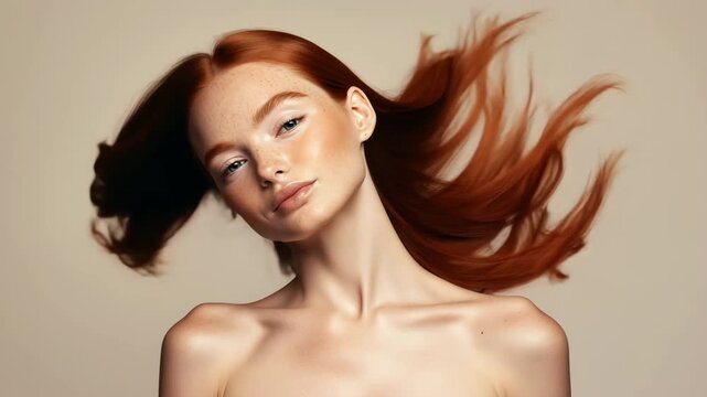 Beauty video of beautiful woman model with long red ginger silky hair turning and looking to camera on beige studio background.Slow motion video.AI Generative.