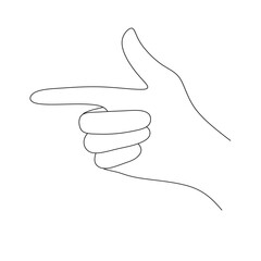 A simple line drawing of a hand pointing to the left with the index finger extended and the thumb raised.