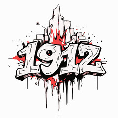 Graffiti Art Number 1912 With Red Splatter And Drips On White Background numbers urban art