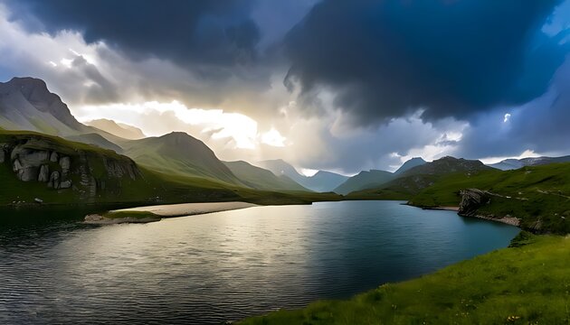 Serene mountain lake reflecting sunlight breaking through dramatic storm clouds - Powered by Adobe