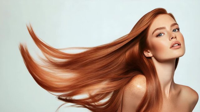 Red ginger hair beautiful young woman model for hair treatment advertising products and treatment.Slow motion video.AI Generative.