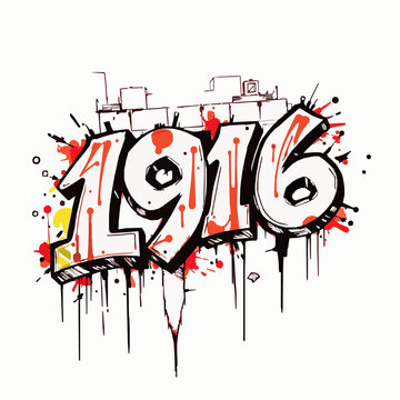 Graffiti art with the number 1916 in bold white lettering with red and yellow splatters and drips on a white background