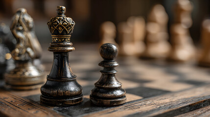 Close-up of black chess pieces on a wooden chessboard.