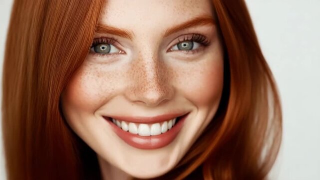 Beautiful young woman with freckles smiling and turning to camera showing her ginger red silky long shining hair for hear products advertising.Slow motion video.AI Generative.