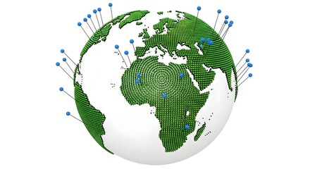Digital globe made of green pixels with blue pins representing global connections and data transfer, isolated on white background