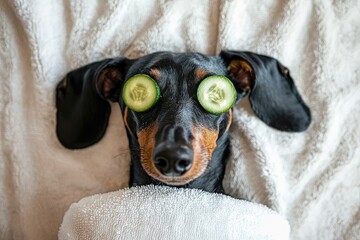 Cute dachshund dog lying on white towel with cucumber slices on eyes, relaxing spa wellness treatment, adorable pet humor concept for lifestyle, pampering, beauty, relaxation, and animal care