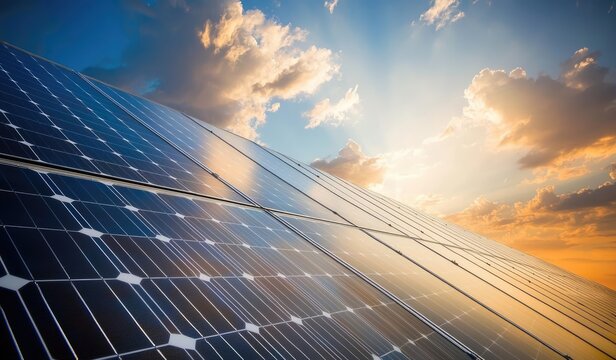 Close up of solar panels under bright sunlight with dramatic sky background, renewable energy technology for sustainability, clean power, eco marketing, green future, and environmental projects