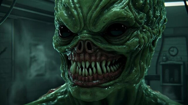 Green Creature Face with Sharp Teeth Showing Horror and Evil Expression