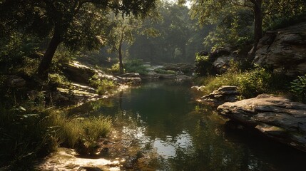 Obraz premium A sun-dappled forest path, reflecting sky