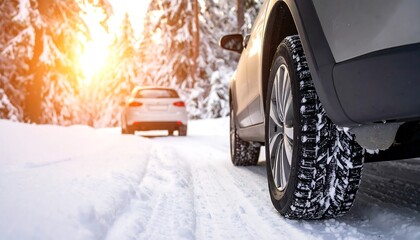 Two vehicles drive on a snow-covered road at sunset