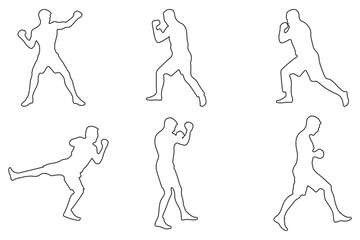 Silhouettes of a boxer in a dynamic fighting and punching sequence, representing movement, training, combat, and athleticism in sports design eps 10