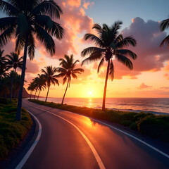 Coastal Road at Sunset with Palm Trees