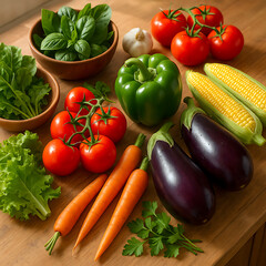 Fresh Organic Colorful Vegetables Assortment Including Carrots, Eggplants, Tomatoes, Green Pepper, Corn, Lettuce, Basil, Parsley, and Garlic on Wooden Kitchen Table