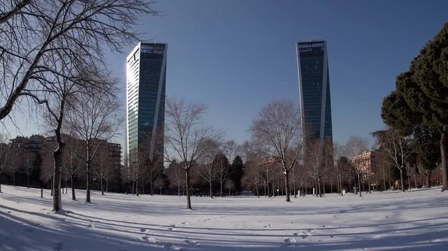 winter season landscape view of group of prominent skyscrapers as seen from snow-covered public park area