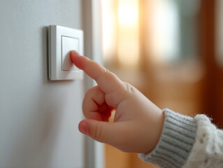 Child's hand pressing a light switch in a cozy home environment during the afternoon