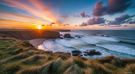 Breathtaking sunset over coastal cliffs and ocean waves