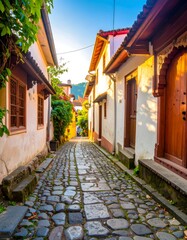 Cobblestone alleyway, sunlit
