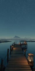 Serene night on a wooden pier over calm water, mountains in the distance