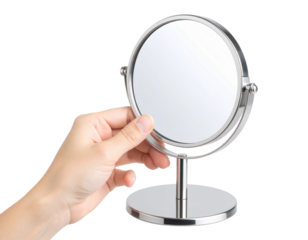 Hand Holding Small Silver Magnifying Mirror, isolated on transparent background PNG