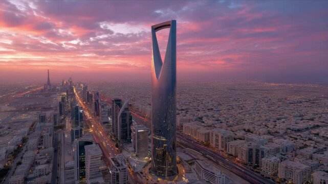 Kingdom Tower Riyadh sunset cityscape aerial view, 4k video footage