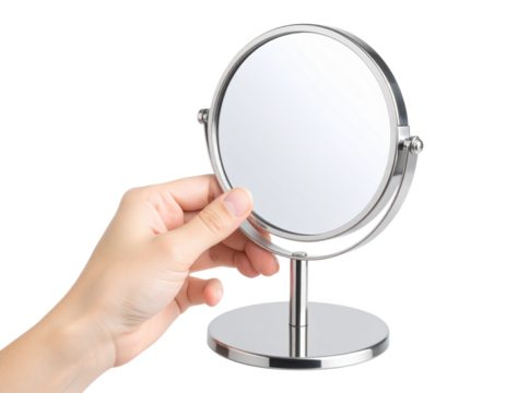Hand Holding Small Silver Magnifying Mirror, isolated on transparent background PNG
