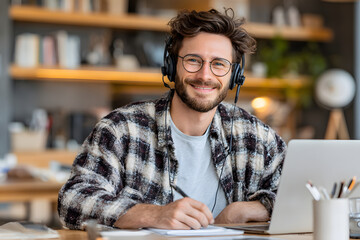 Smiling indian business man working on laptop at hom office. Young indian studnt or remote teacher usingcomputer remote studying, irtual training, watching nline education webinar athome office.