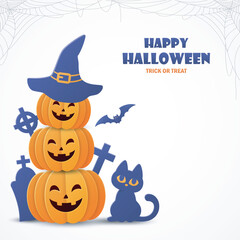 Halloween background with pumpkins, cat, bats and spider web