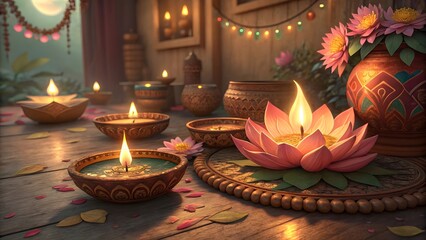 Beautifully lit diyas and lotus flower for diwali celebration