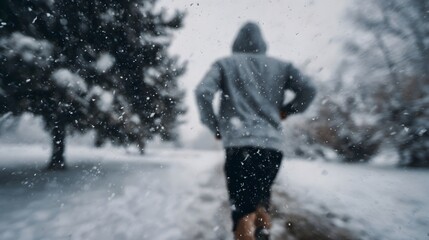 Person jogging through snowy park in winter