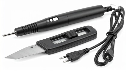 Portable electric hot knife with replaceable blades temperature control ergonomic handle and power cord isolated on white background electrician cutting tool