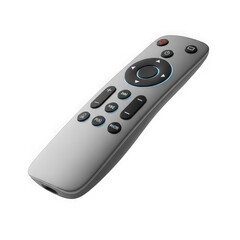 Modern gray remote control for television and media devices, isolated on transparent background