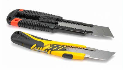 Insulated utility knife with retractable blade ergonomic grip safety lock and durable housing isolated on white background electrician cutting accessory
